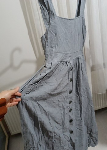 Gri Keten Midi Boy Düğmeli Bohem Elbise - Görsel 2