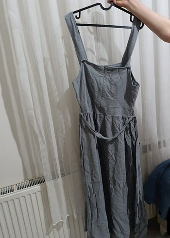 Gri Keten Midi Boy Düğmeli Bohem Elbise - Görsel 3