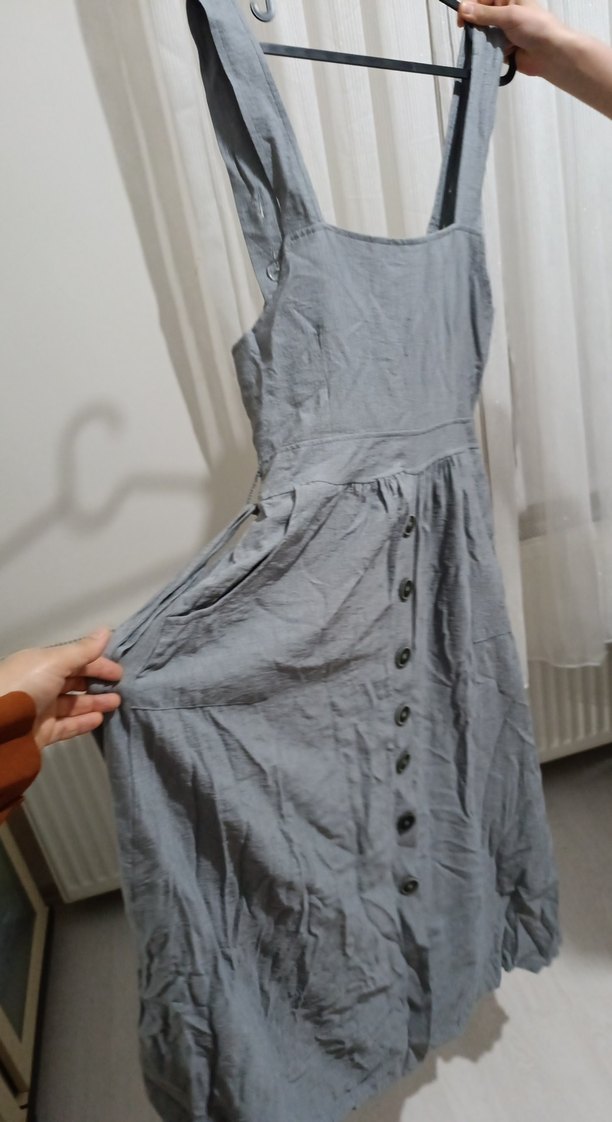 Gri Keten Midi Boy Düğmeli Bohem Elbise - Görsel 2