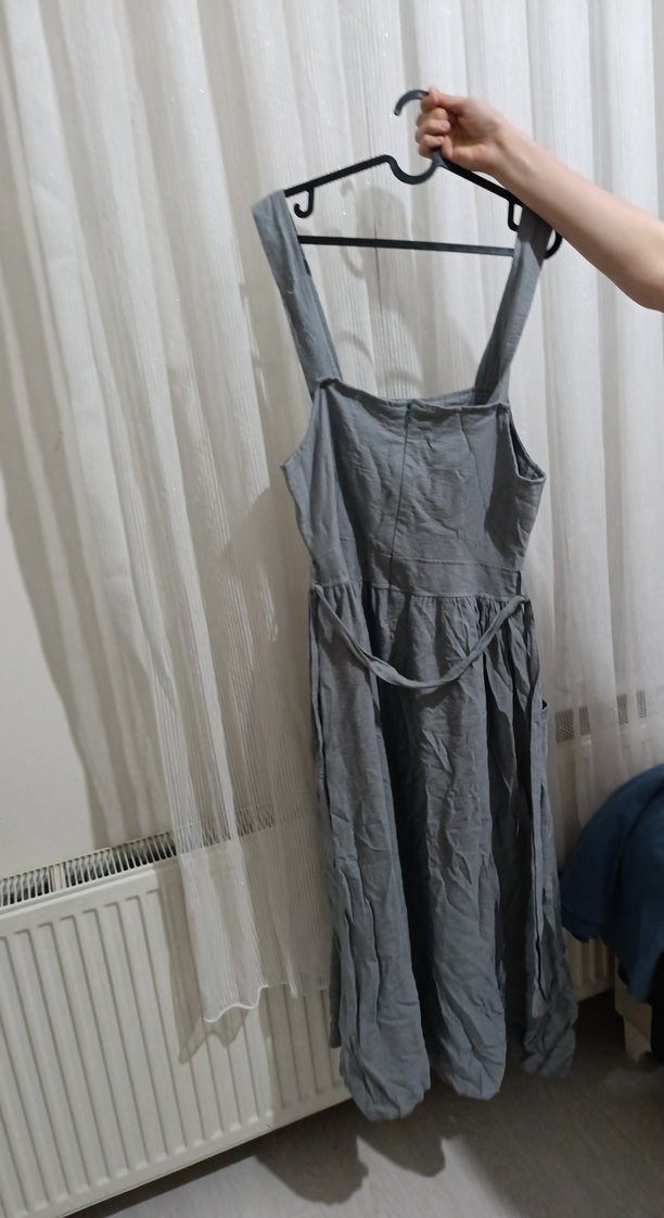 Gri Keten Midi Boy Düğmeli Bohem Elbise - Görsel 3