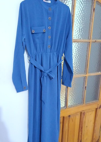 Mavi Uzun Kollu Düğmeli Bohem Elbise - Görsel 3