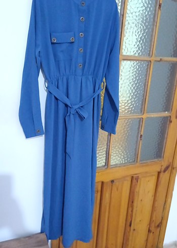 Mavi Uzun Kollu Düğmeli Bohem Elbise - Görsel 4