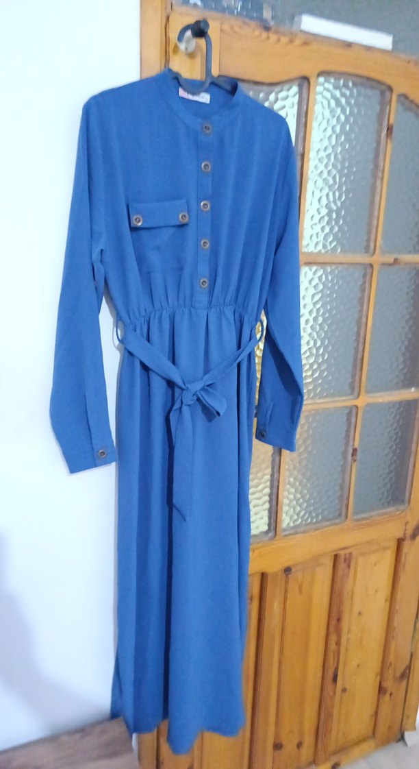 Mavi Uzun Kollu Düğmeli Bohem Elbise - Görsel 3