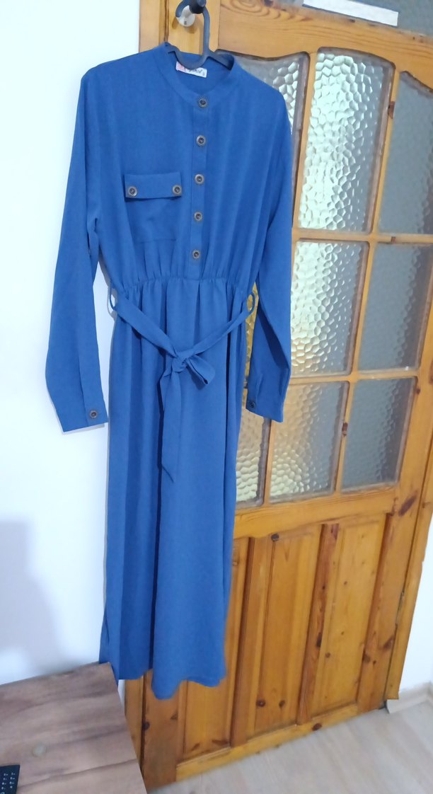 Mavi Uzun Kollu Düğmeli Bohem Elbise - Görsel 4