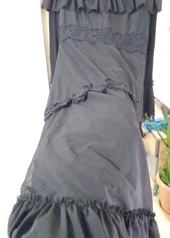 Uzun Kollu Siyah Fırfırlı Gotik Elbise - Görsel 6