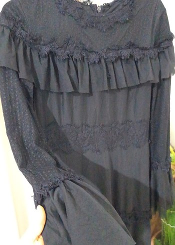 Uzun Kollu Siyah Fırfırlı Gotik Elbise - Görsel 3