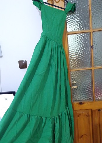 Yeşil Keten Uzun Drapeli Kadın Elbise - Görsel 3