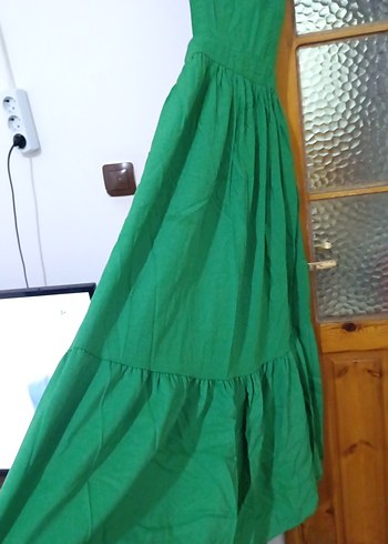 Yeşil Keten Uzun Drapeli Kadın Elbise - Görsel 2