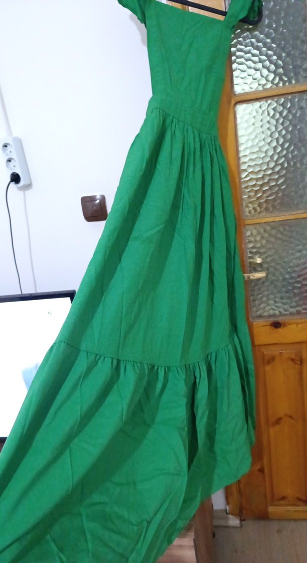 Yeşil Keten Uzun Drapeli Kadın Elbise - Görsel 2