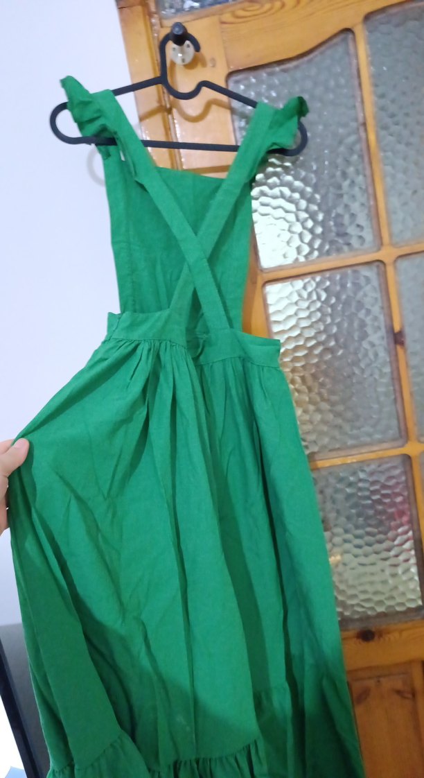 Yeşil Keten Uzun Drapeli Kadın Elbise - Görsel 5