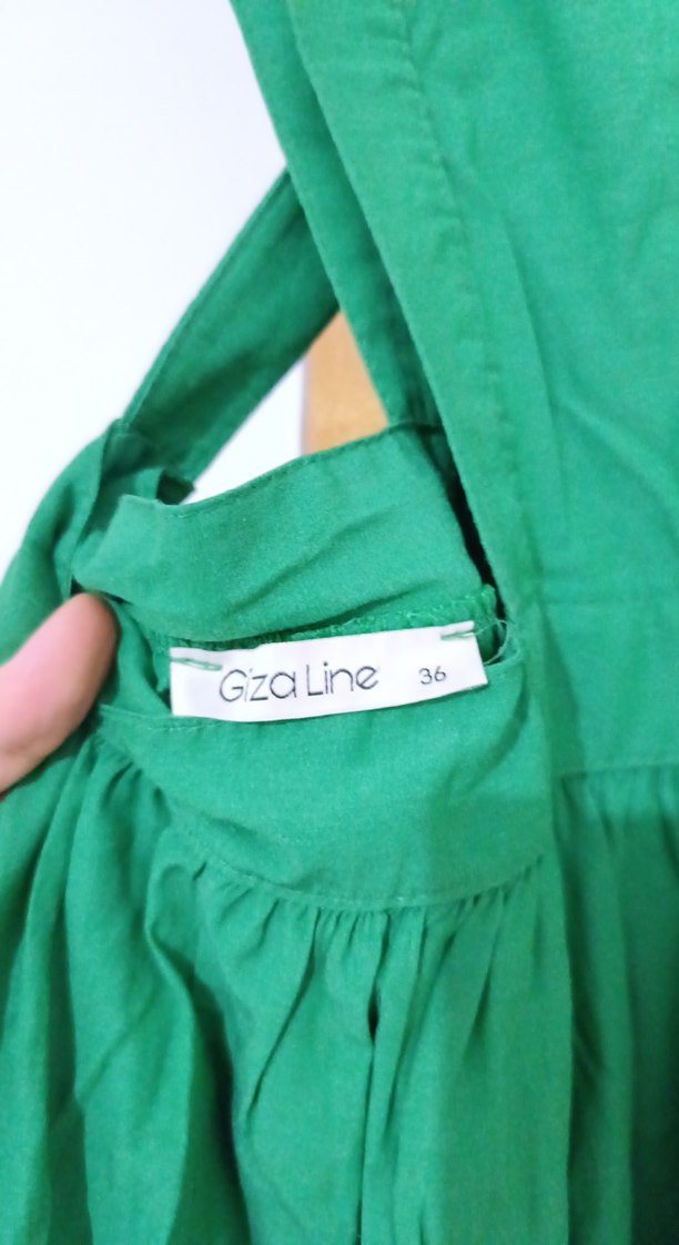 Yeşil Keten Uzun Drapeli Kadın Elbise - Görsel 4