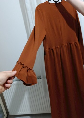 Kahverengi Uzun Kollu Fırfırlı Kadın Elbise - Görsel 2