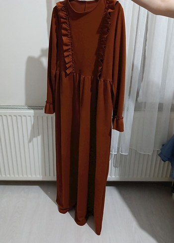 Kahverengi Uzun Kollu Fırfırlı Kadın Elbise - Görsel 5