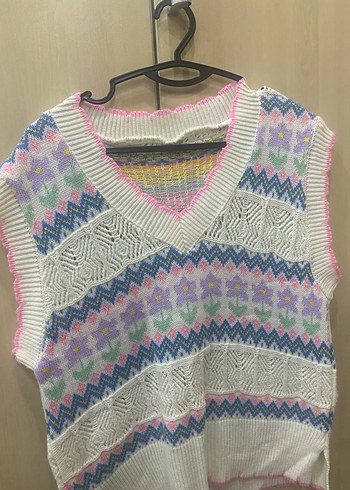 Bohem V Yaka Renkli Örgü Süveter - Görsel 2