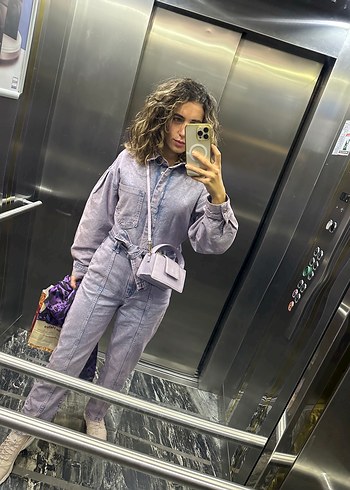 Kadın Mor Denim Bağlamalı Tulum