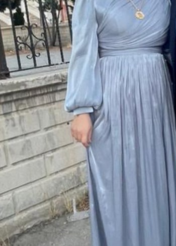 Uzun Kol Drapeli Gri Abiye Elbise