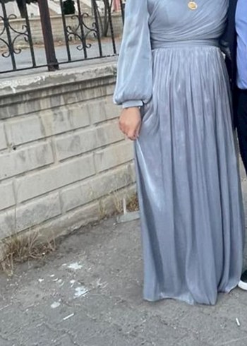 Abiye Uzun Kol Drapeli Gri Abiye Elbise