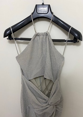 Gri Simli Yırtmaçlı Uzun Elbise - Görsel 4