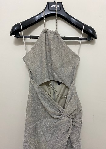 Gri Simli Yırtmaçlı Uzun Elbise - Görsel 2