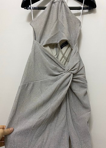 Gri Simli Yırtmaçlı Uzun Elbise - Görsel 6