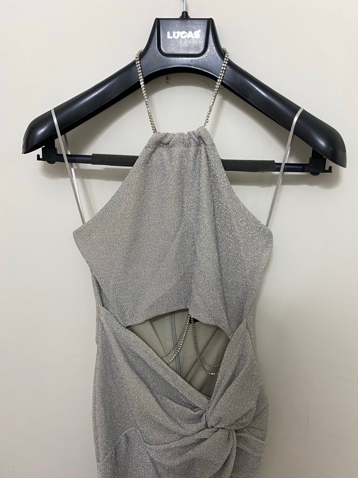 Gri Simli Yırtmaçlı Uzun Elbise - Görsel 4