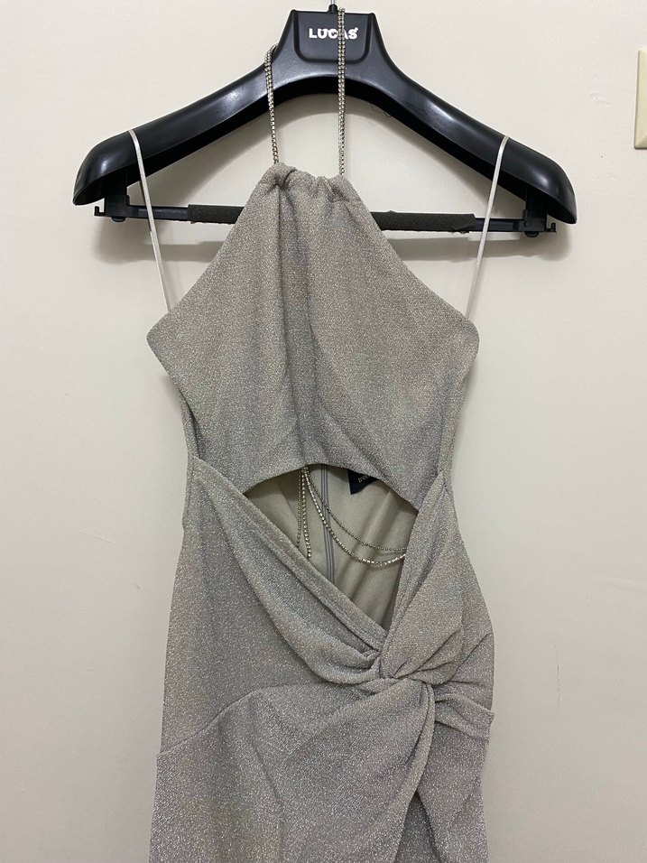 Gri Simli Yırtmaçlı Uzun Elbise - Görsel 2