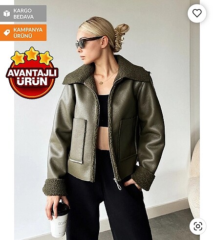 Haki çift cepli içi kürklü suni deri ceket mont