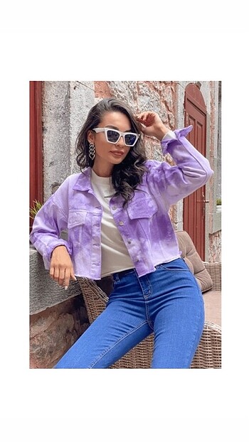 Mor renk desenli kısa denim ceket yazlık