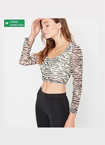 Leopar zebra desen tül kollu crop bluz bady