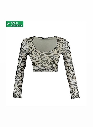 xs Beden Leopar zebra desen tül kollu crop bluz bady