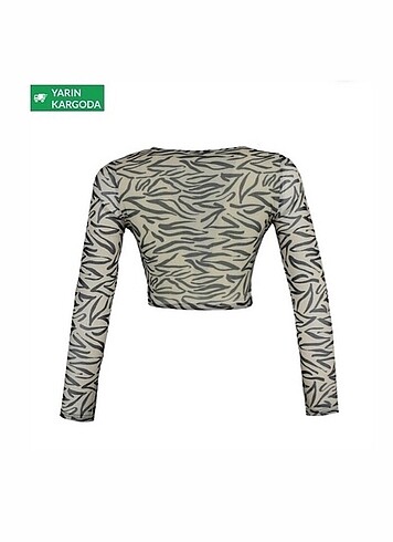 xs Beden beyaz Renk Leopar zebra desen tül kollu crop bluz bady
