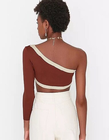xs Beden Acı kahve tek kol crop bluz krem çizgili
