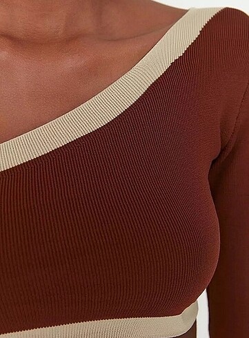 xs Beden kahverengi Renk Acı kahve tek kol crop bluz krem çizgili