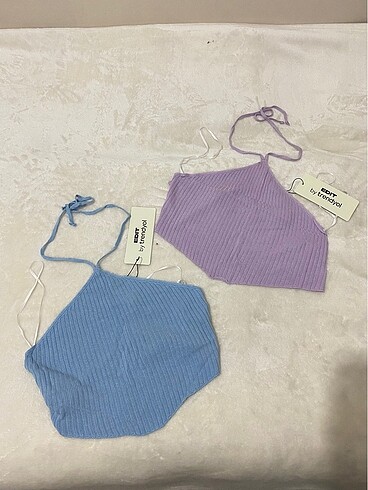 Bandeau straplez boyundan bağlamalı fular crop top mavi lila mor