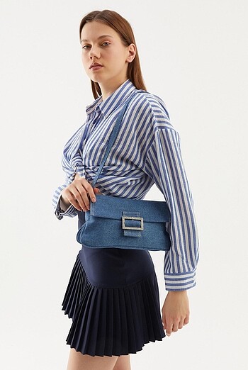 Zara Taşlı Denim Jean Baget omuz çantası