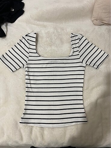 Kare yaka çizgili kısa kol dar tişört bluz crop top