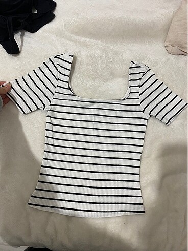 Defacto Kare yaka çizgili kısa kol dar tişört bluz crop top
