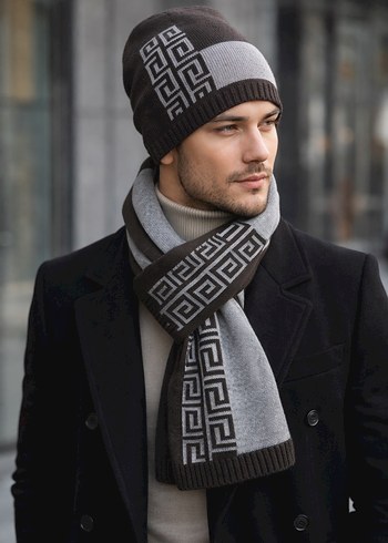 Desenli Uzun Modern Erkek Bere ve Atkı Takımı - Görsel 2