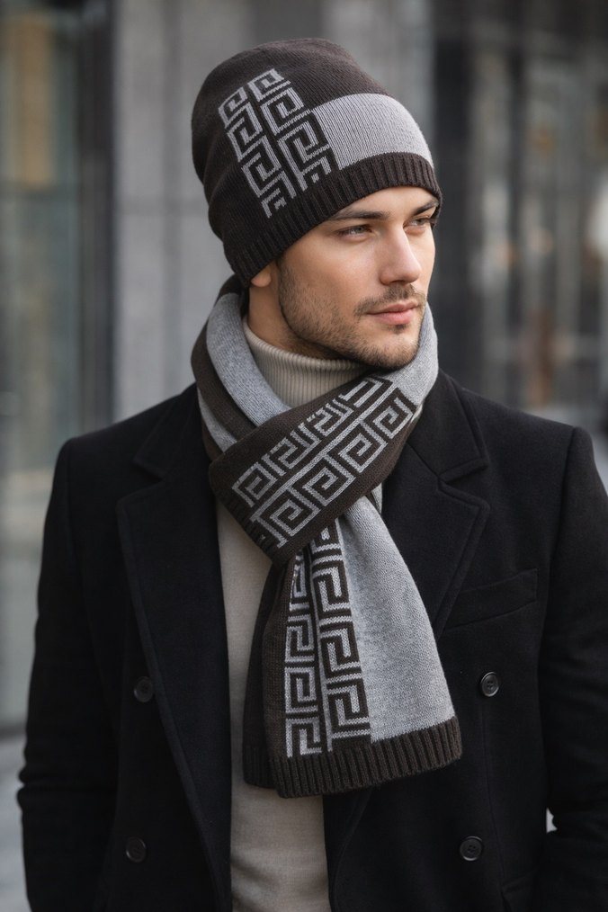 Desenli Uzun Modern Erkek Bere ve Atkı Takımı - Görsel 2