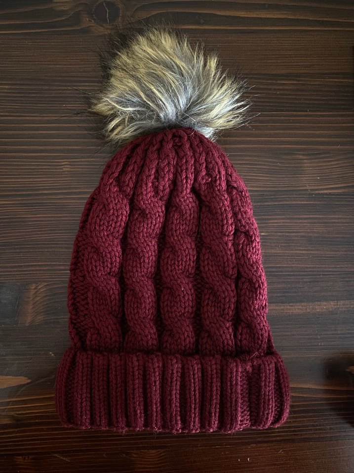 Bordo Kadın Örgü Bere Gri Ponponlu - Görsel 3