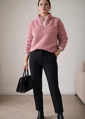 Pembe Peluş Detaylı Kadın Ofis Polar Kazak - Görsel 2