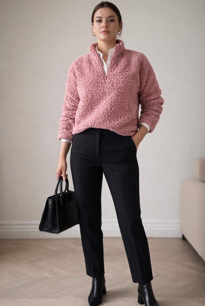 Pembe Peluş Detaylı Kadın Ofis Polar Kazak - Görsel 2