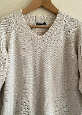 Bej V Yaka Örgü Kadın Kazak - Görsel 5