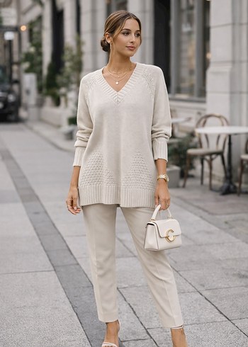 Bej V Yaka Örgü Kadın Kazak - Görsel 2