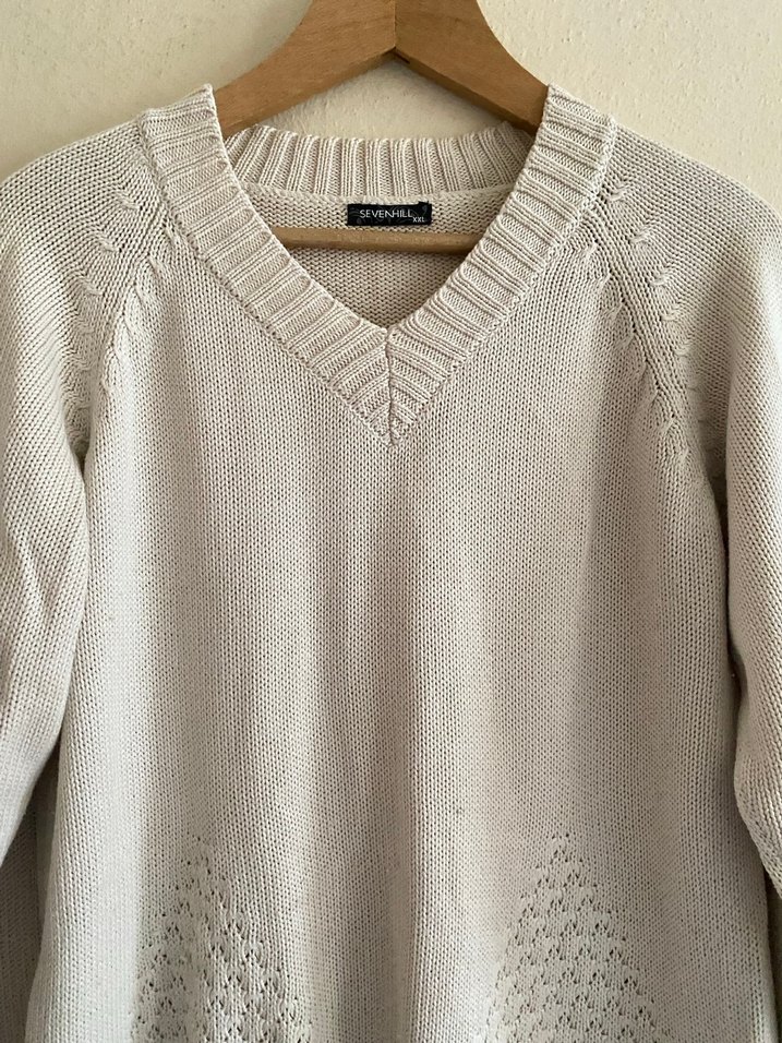 Bej V Yaka Örgü Kadın Kazak - Görsel 5