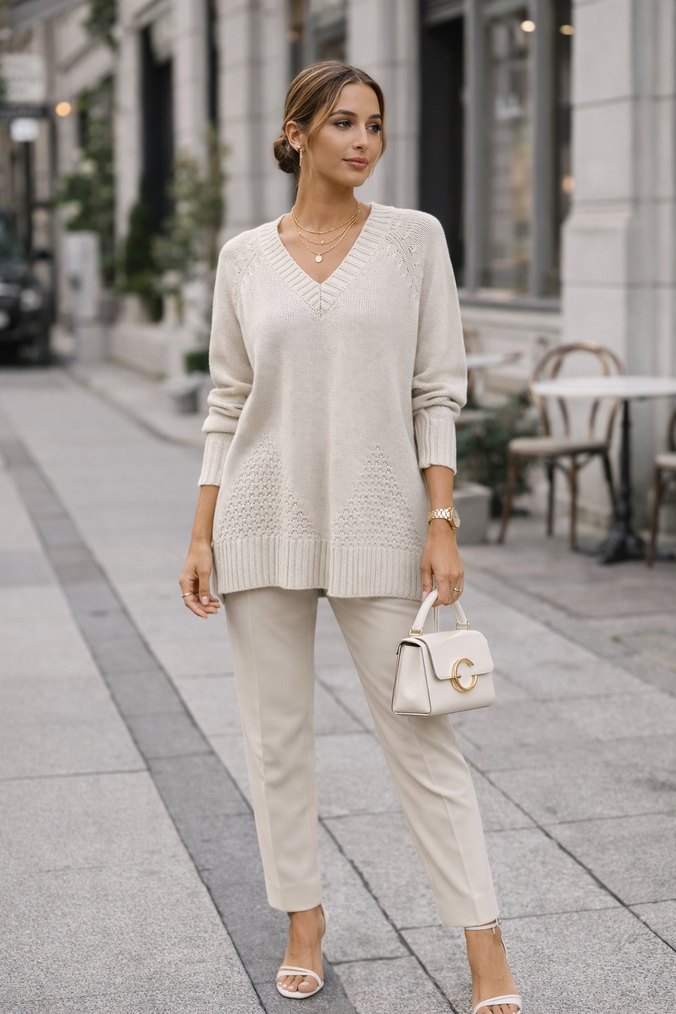 Bej V Yaka Örgü Kadın Kazak - Görsel 2