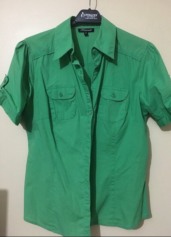 Düğmeli Kısa Kollu Yeşil Kadın Gömlek - Görsel 2