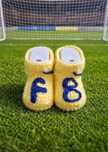 Sarı lacivert taraftar  Nakışlı Örgü Bebek Patik - Görsel 4