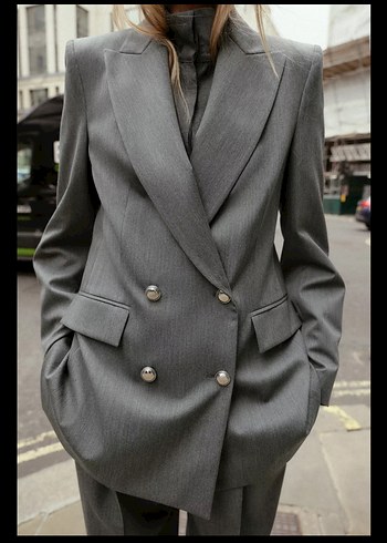 Zara Gri Düğmeli Kadın Blazer Ceket - Görsel 3