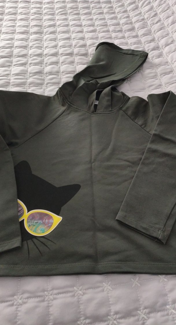 Gri Kapüşonlu Kedi Desenli Sweatshirt - Görsel 2